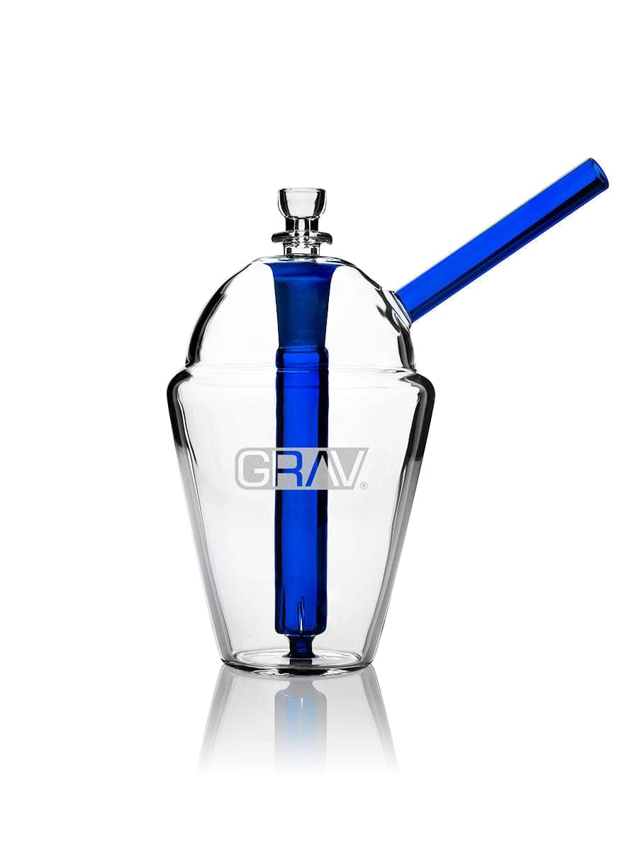 A front view of the GRAV® Slush Cup Bong, featuring a clear glass construction and a blue accent joint.