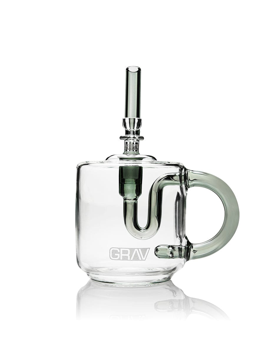 A side view of the GRAV® Coffee Mug Bubbler, showcasing its clear glass construction and mug-like form.