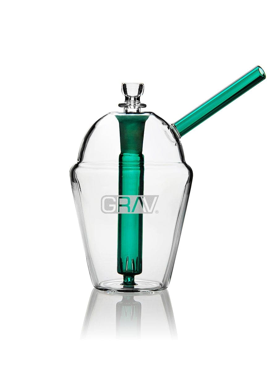 Front view of the GRAV® Slush Cup Bong, showcasing the clear glass cup with a vibrant blue accent and reflective surface.