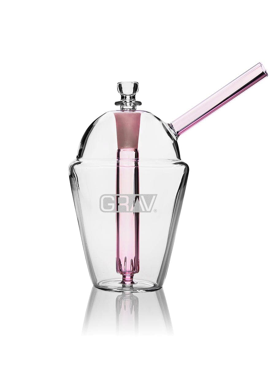 A slightly angled view of the GRAV® Slush Cup Bong, featuring a clear glass construction and a visible, curved mouthpiece.