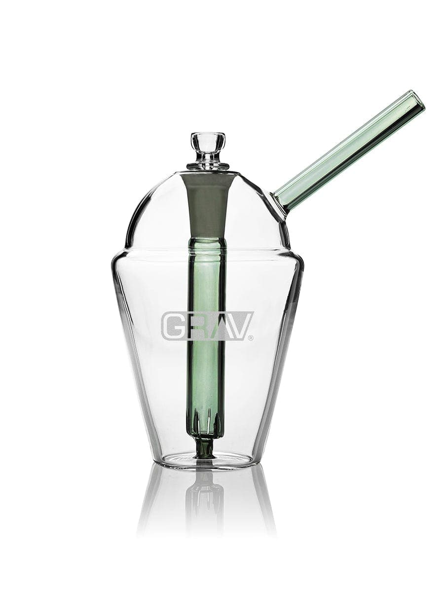 A front view of the GRAV® Slush Cup Bong, showcasing its clear glass construction and unique rounded shape.