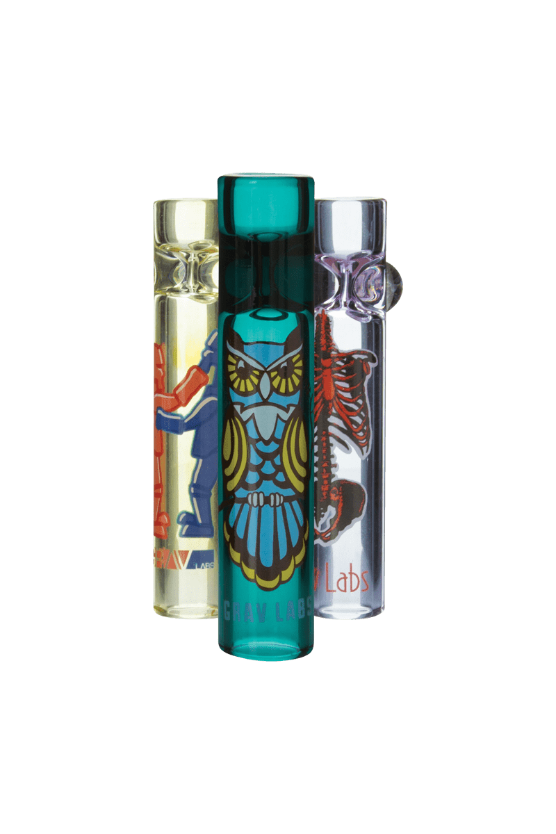 A close-up of the Grav Labs Whimsical Taster 16mm, showing its colorful, patterned glass against a plain white background.