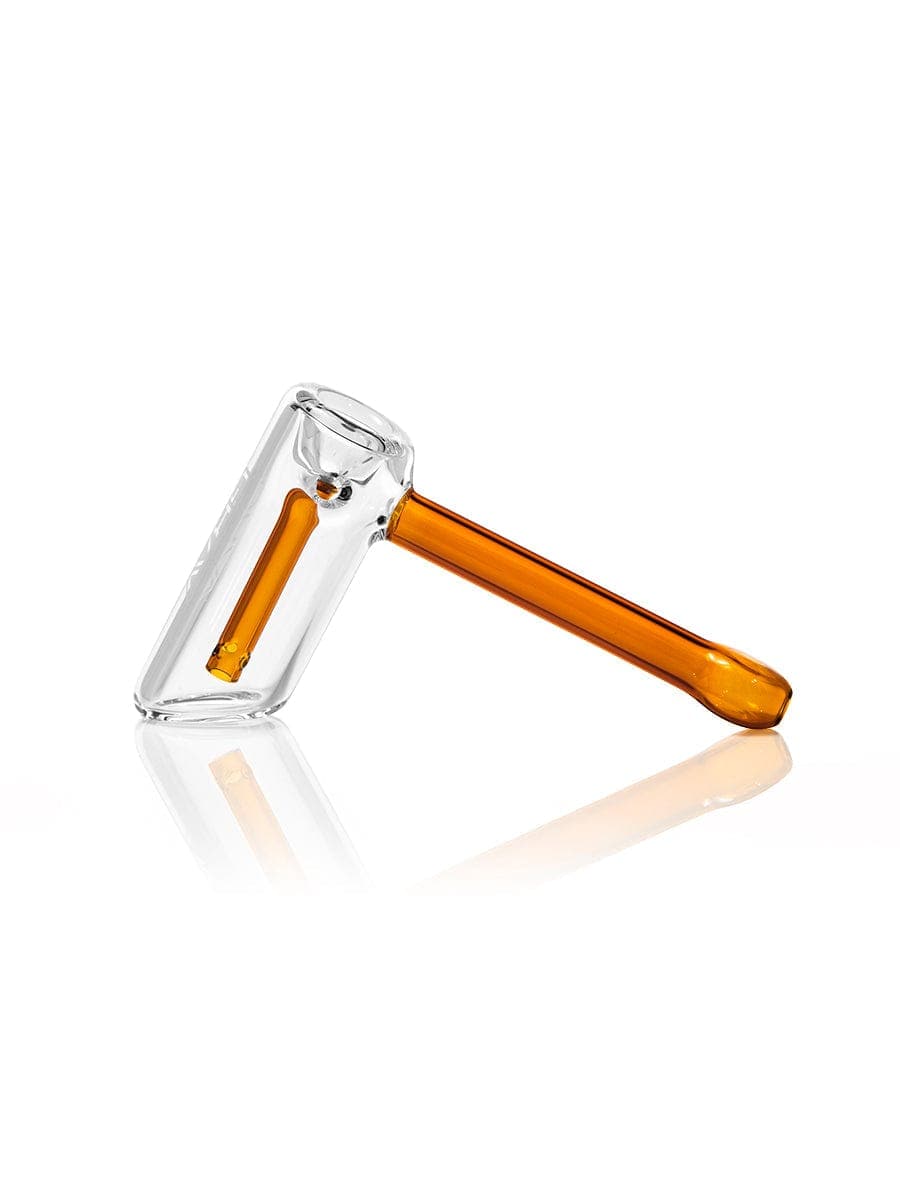 A side view of the GRAV® Mini Hammer Bubbler, showing the clear glass bubbler against a bright white background.