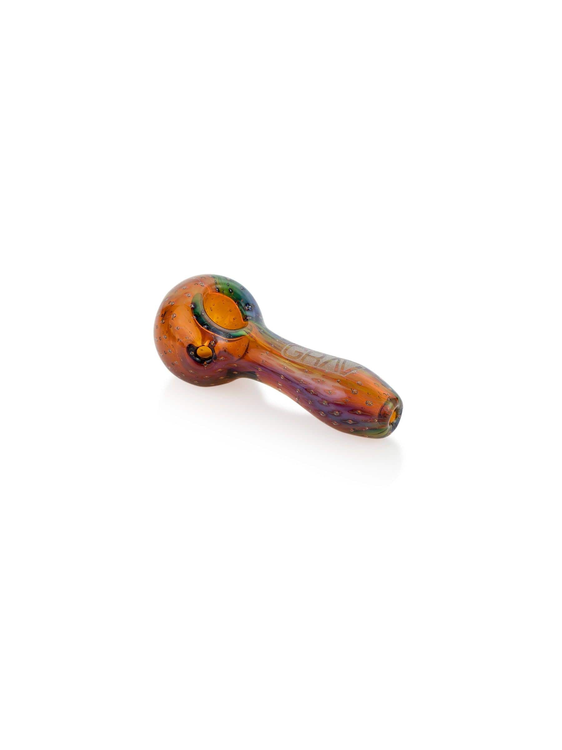 A side view of the GRAV® Bubble Trap Spoon pipe shows a curved design in clear glass.