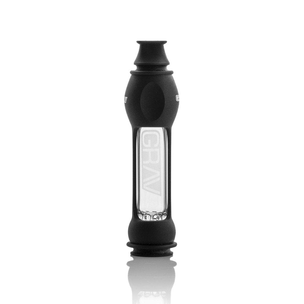 Front view of the GRAV® 16mm Octo-taster with Silicone Skin, showcasing its dark, sleek profile against a stark white surface.