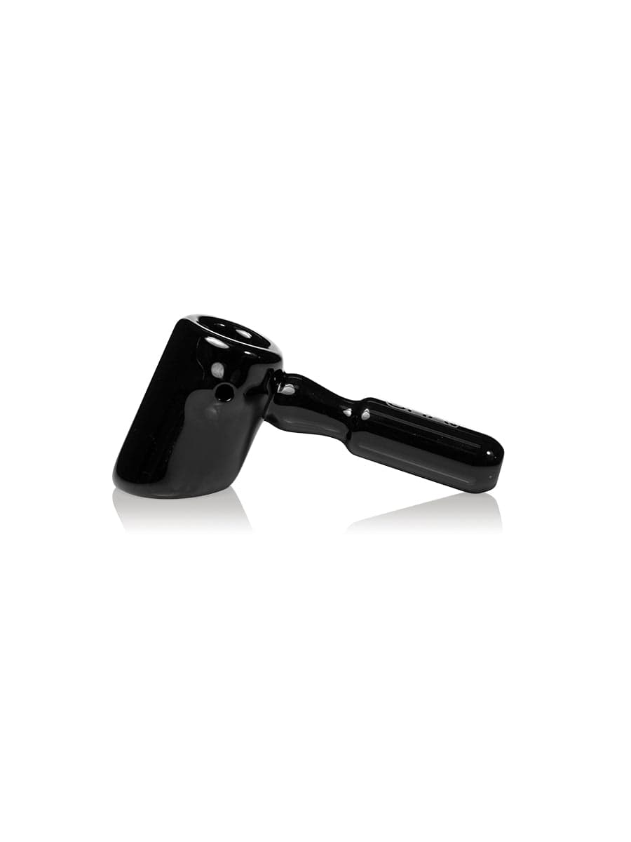 A side view of the GRAV® Hammer Hand Pipe, featuring a sleek black design and a smooth, curved mouthpiece.