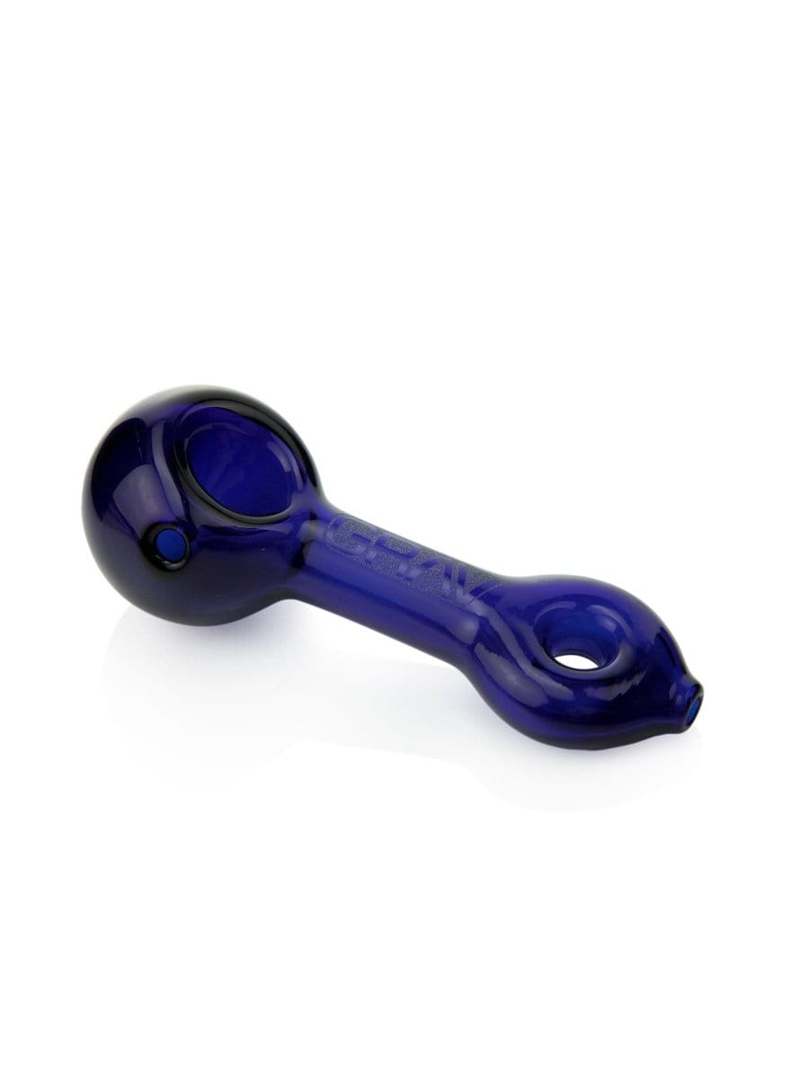 A side view of the GRAV® Mini Spoon Pipe in blue glass, angled against a plain white background.