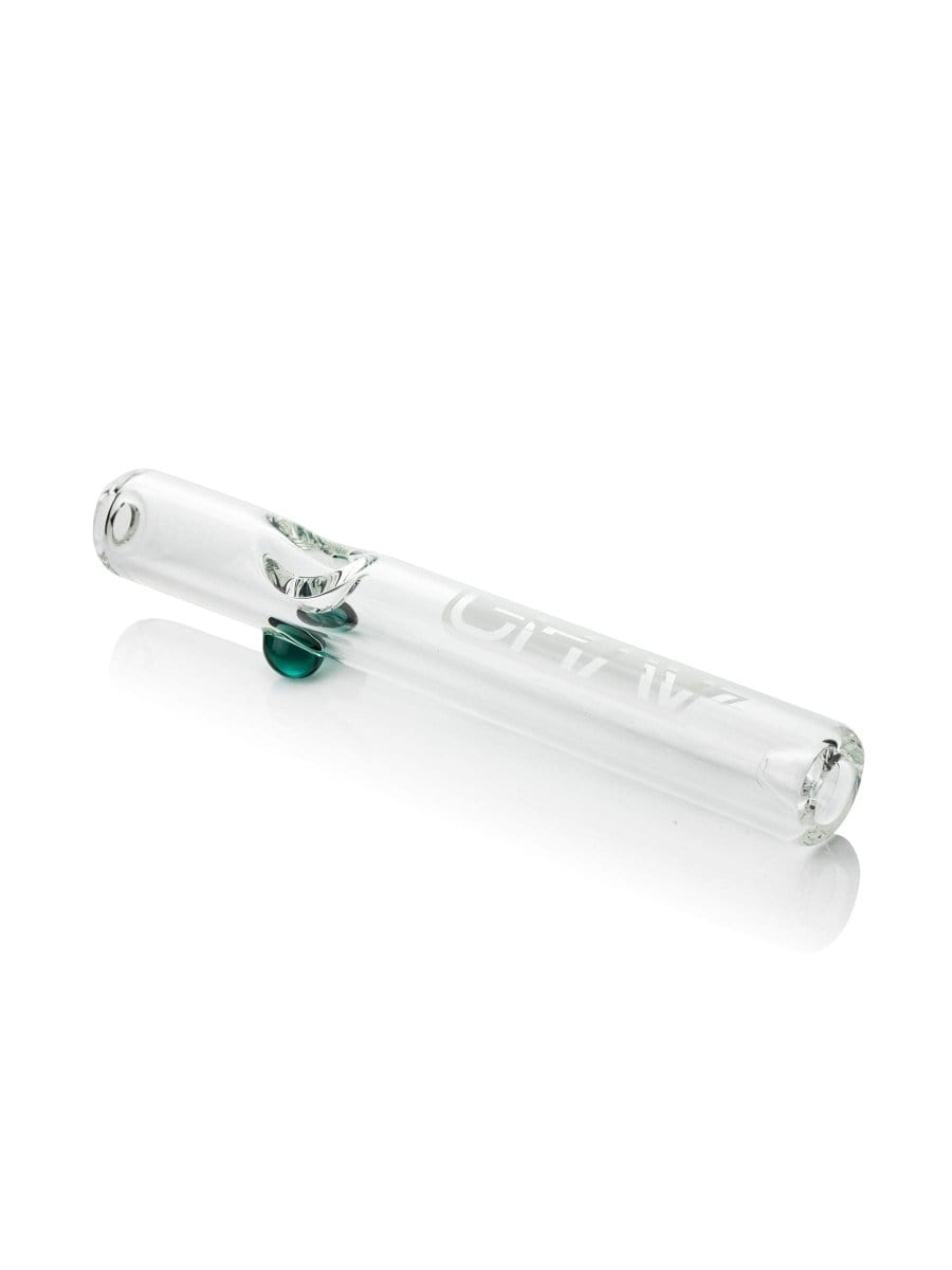 A side view of the GRAV® Classic Steamroller, showing its clear glass construction and simple cylindrical shape.