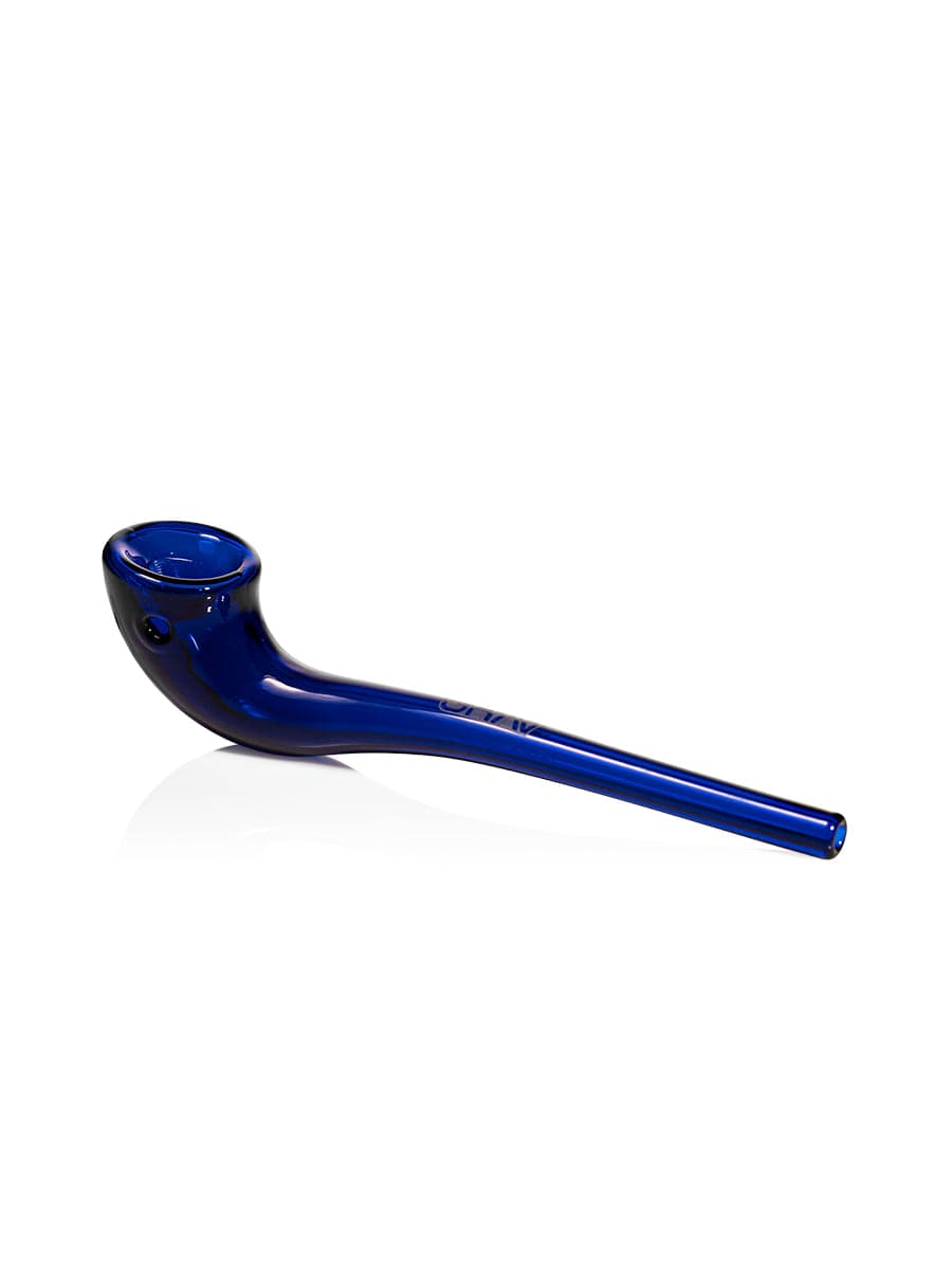 A side view of the GRAV® Gandalfini pipe in blue glass, resting on a light gray surface.