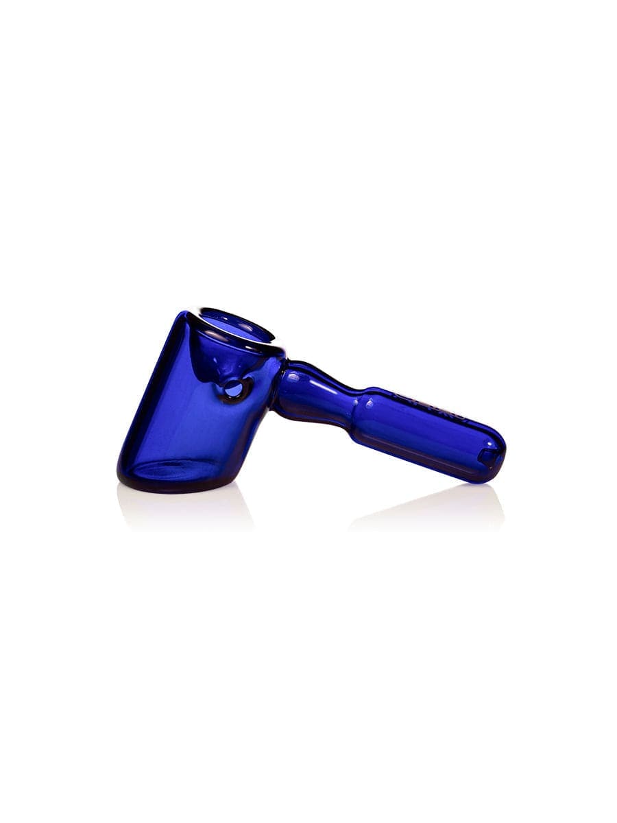 A side view of the GRAV® Hammer Hand Pipe, showcasing its curved design and dark blue glass finish.
