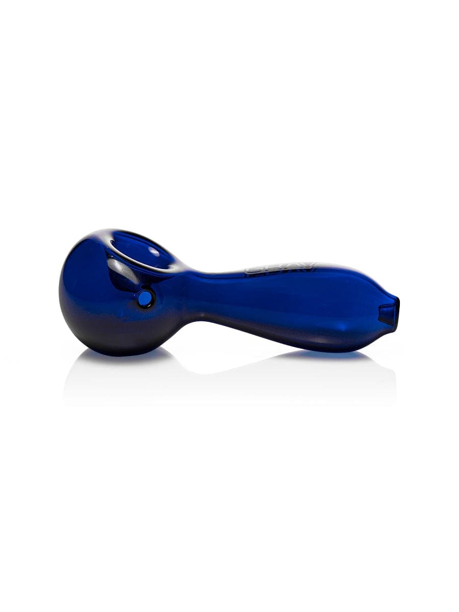 A side view of the GRAV® Large Spoon, showcasing the curved form of the blue glass pipe against a plain white background.