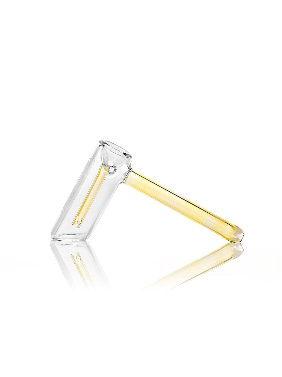 A side view of the GRAV® Hammer Bubbler, showcasing its clear glass construction and simple, cylindrical shape.