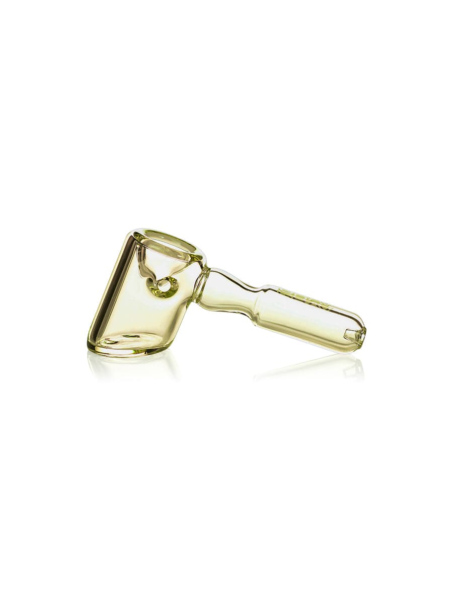A side view of the GRAV® Hammer Hand Pipe, showing its curved form and clear glass construction against a plain white background.