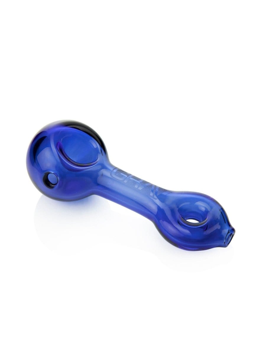 A side view of the GRAV® Mini Spoon Pipe, showing the curved blue glass bowl and stem against a plain white background.