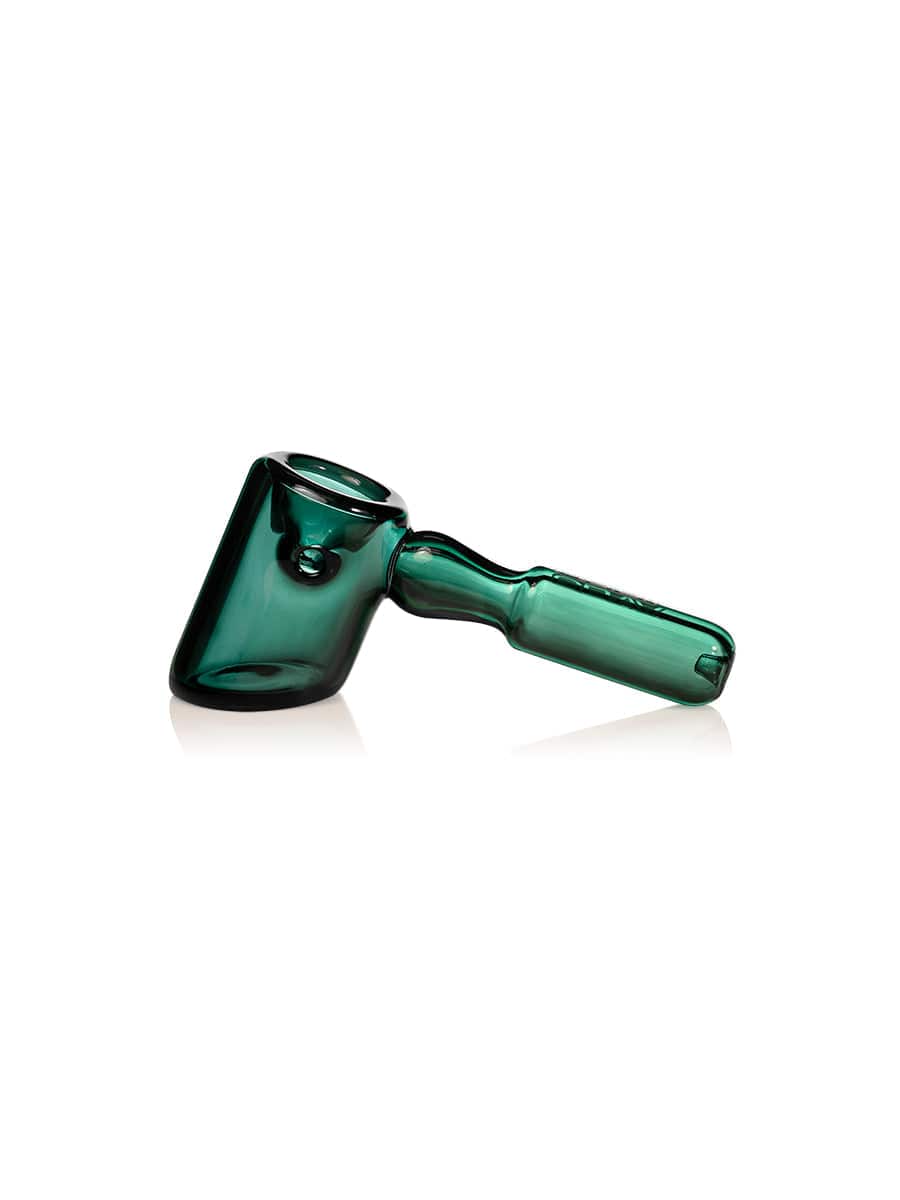 A side view of the GRAV® Hammer Hand Pipe, featuring a sleek, dark green glass design with a curved mouthpiece.