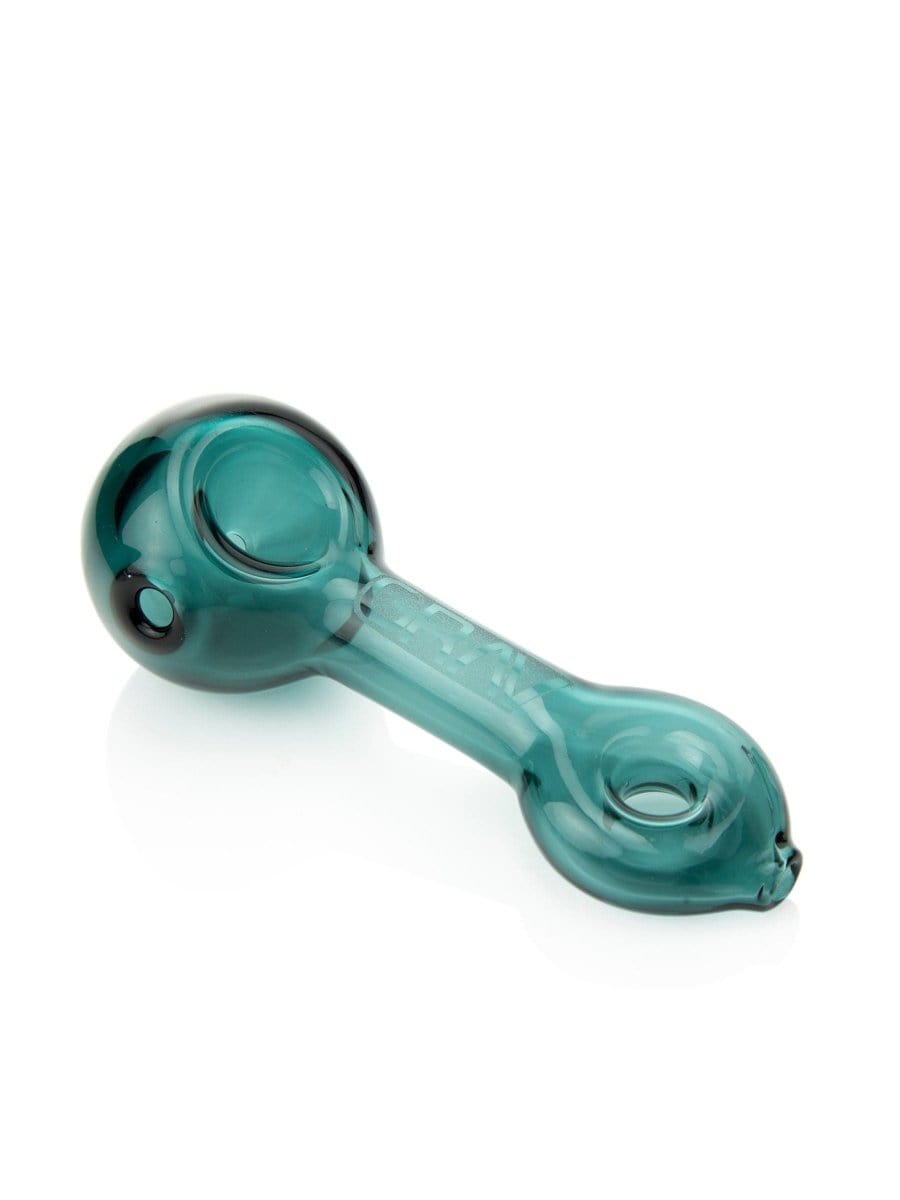 A three-quarter view of the GRAV® Mini Spoon Pipe in translucent green glass, angled against a white background.