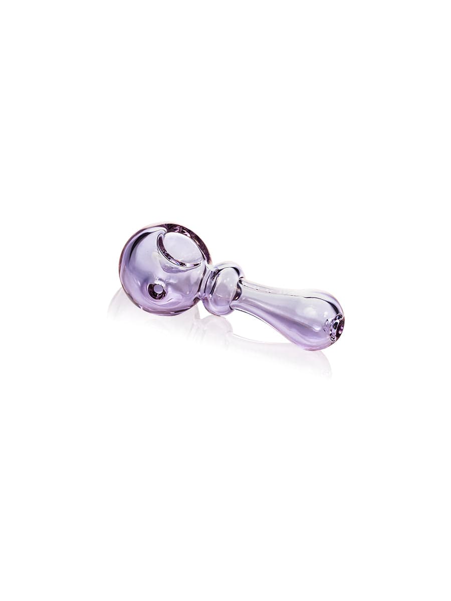 A side view of the GRAV® Bauble Spoon, showcasing its smooth, clear glass construction against a white background.