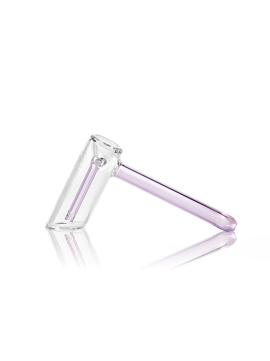 A side view of the GRAV® Hammer Bubbler, showcasing its clear glass construction and compact, handheld design.