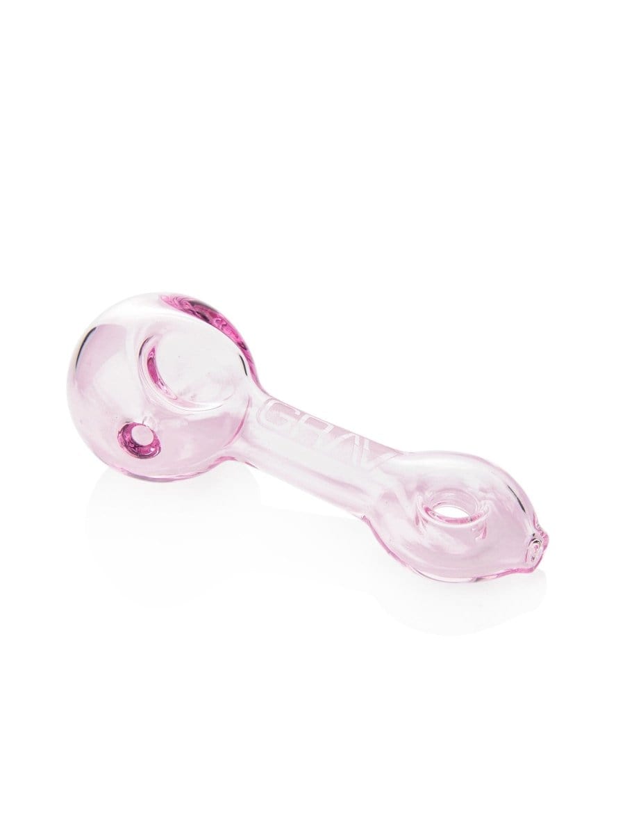 A three-quarter view of the GRAV® Mini Spoon Pipe, showcasing its smooth, curved form in clear glass.