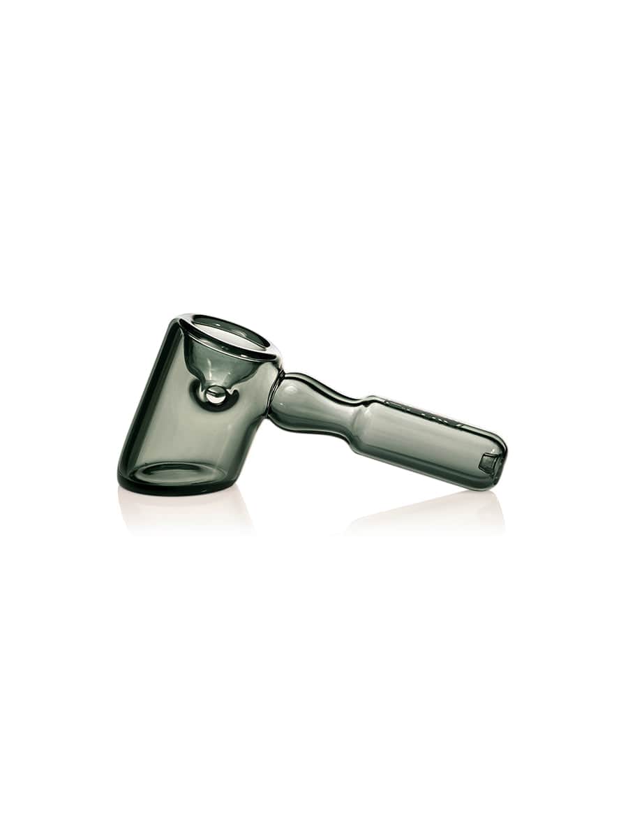 A side view of the GRAV® Hammer Hand Pipe, showcasing its curved design and dark, smoky glass finish.
