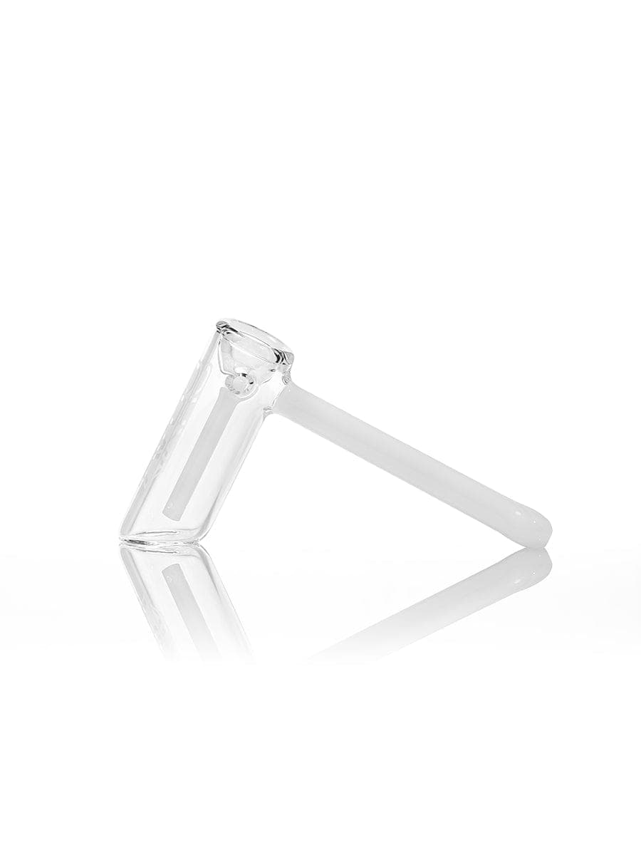 A side view of the GRAV® Hammer Bubbler, showcasing its clear glass construction and streamlined design against a white background.