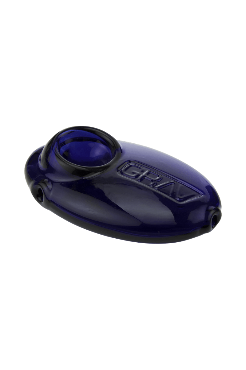 A three-quarter view of the Grav Labs Pebble Spoon, showcasing its smooth, rounded shape and dark blue glass finish.