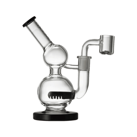 A front view of the Groove Mini Round Glass Rig, showing the clear glass structure and smooth curves of the compact rig.