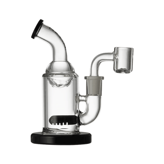 A front view of the Groove Mini Tube Glass Rig, showcasing its clear glass construction and compact size.