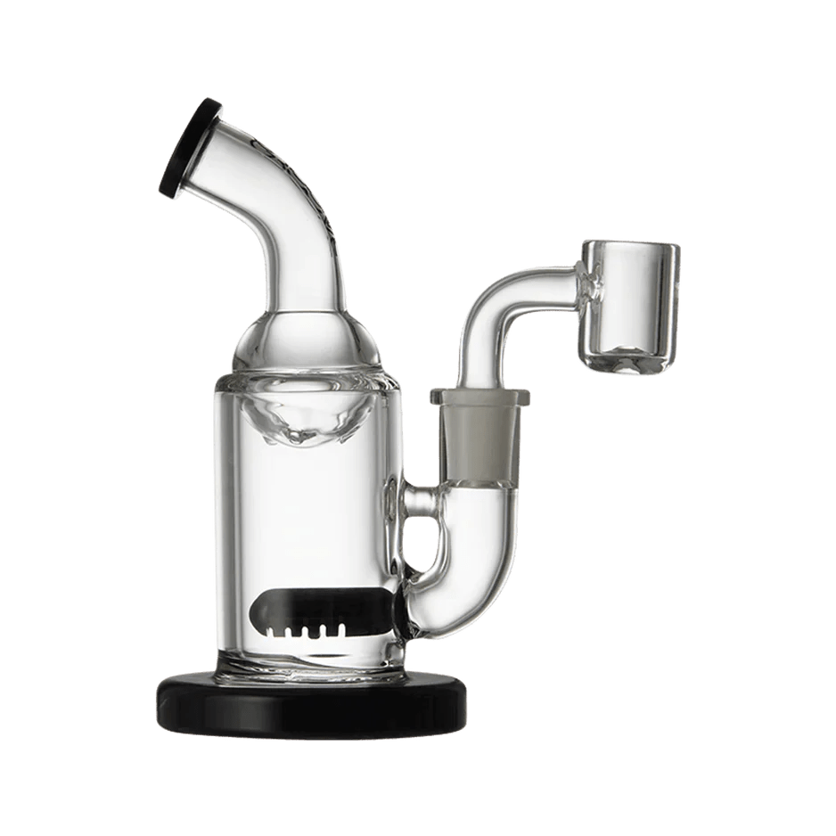 A front view of the Groove Mini Tube Glass Rig, showcasing its clear glass construction and compact size.
