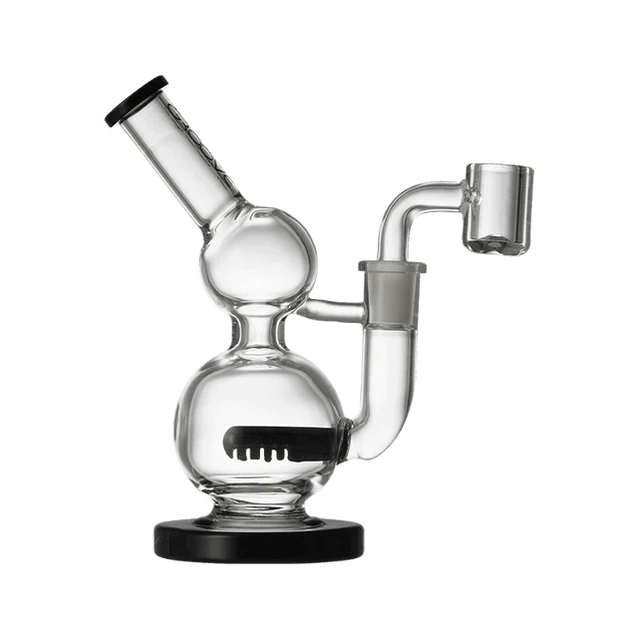 A front view of the Groove Mini Round Glass Rig, showcasing the clear glass construction and rounded shape with a joint visible at the top.