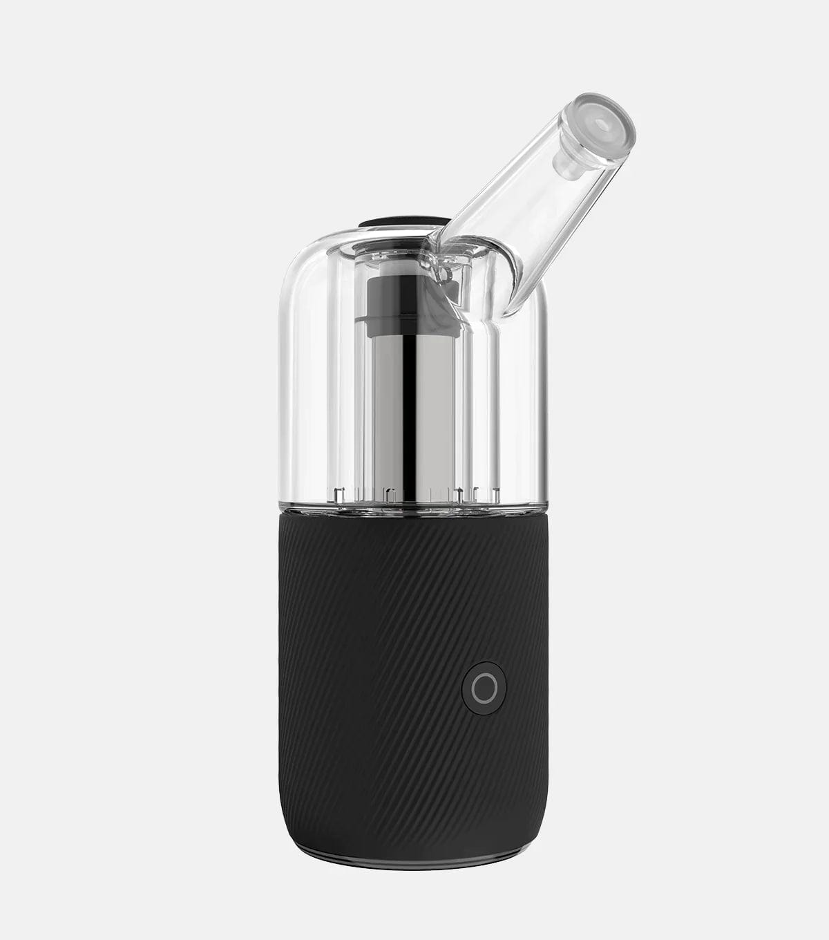 Front-facing view of the sleek black AUXO Cenote Vaporizer with a transparent glass top and angled mouthpiece.