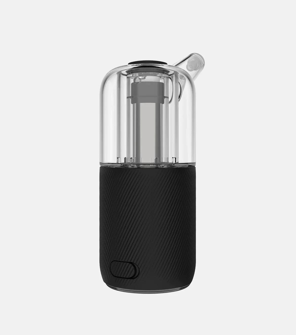Centered front view of the AUXO Cenote Vaporizer showing its clear domed top with internal chamber and textured black base against a light gray background