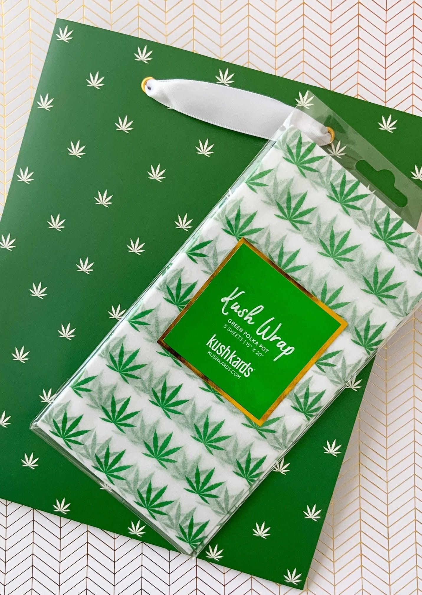 KushKards Gift Bag & Tissue Gift Wrap Combo Green & White Pot Leaf Print Gift Bag