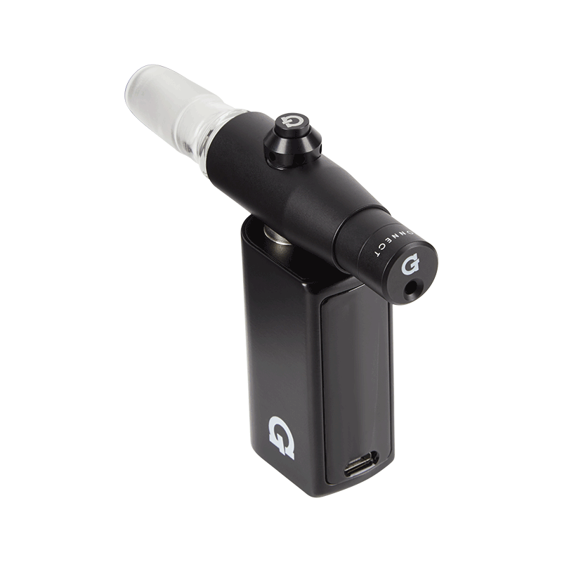 A slightly angled studio shot of the G Pen Connect Vaporizer, highlighting its black metallic finish and sleek, cylindrical form.