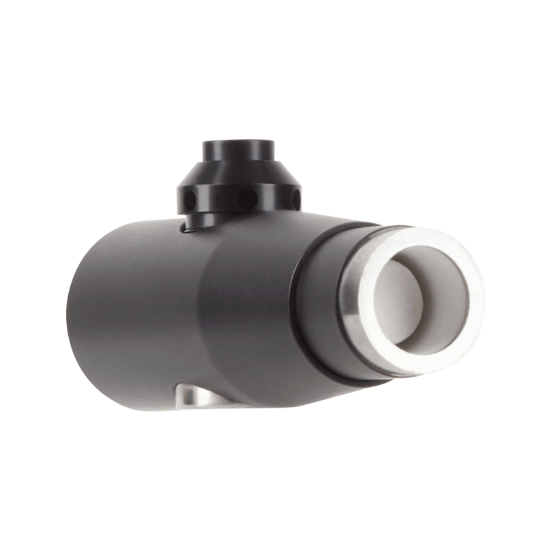 A close-up, angled view of the G Pen Connect Vaporizer showcasing its black cylindrical shape and metallic mouthpiece.