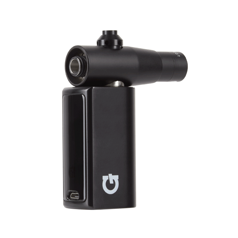 Front view of the G Pen Connect Vaporizer, a sleek, black device with a cylindrical shape and a metallic accent.