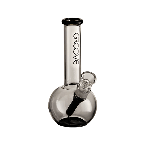Straight-on view of a clear glass Groove Round Bong with black mouthpiece and downstem, photographed against a transparent background.