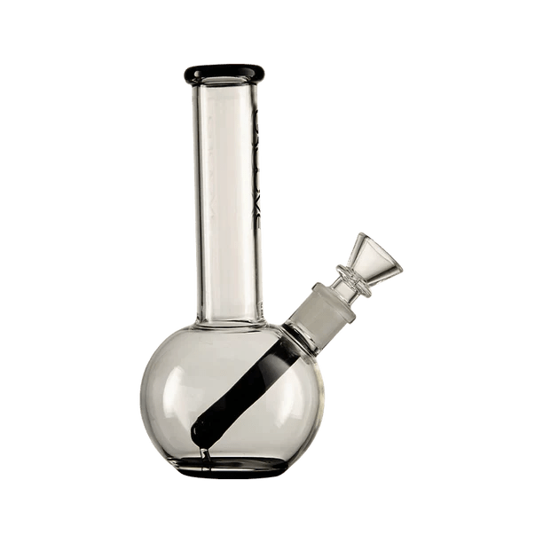 Front-facing shot of the Groove Round Bong showing its clear glass spherical base, straight neck, and angled downstem.