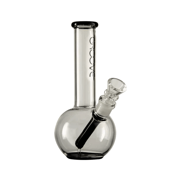 Straight-on view of the Groove Round Bong showing its clear glass round base, vertical neck with black rim, and angled downstem.