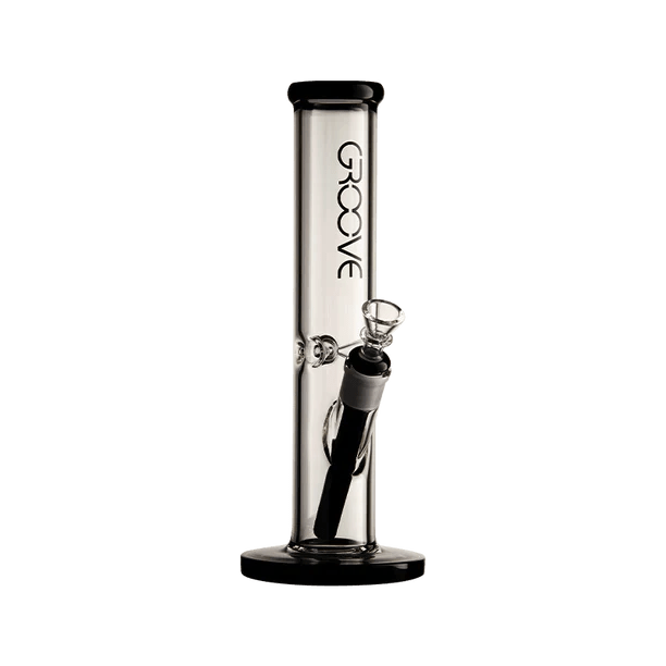 Front view of the Groove Straight Tube Bong showing its clear straight tube, black-rimmed mouthpiece and base against a plain background.