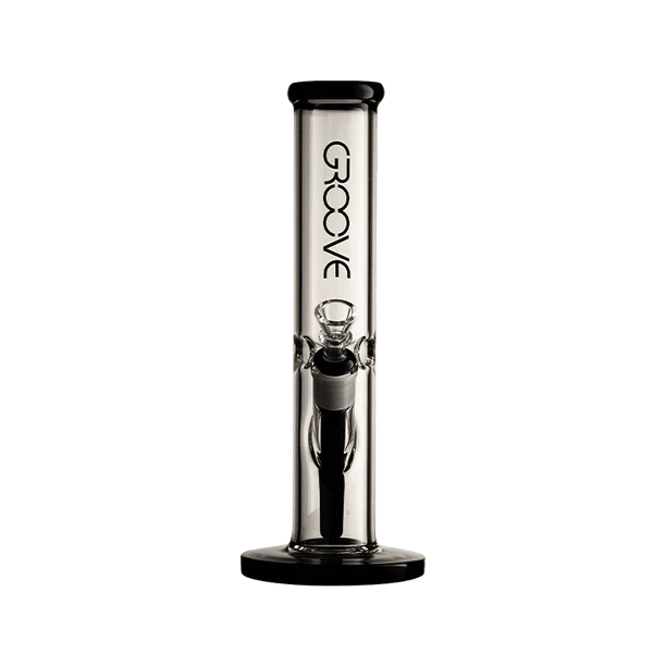 Straight-on front view of the Groove Straight Tube Bong standing on its round black base with the GROOVE logo on the tube.