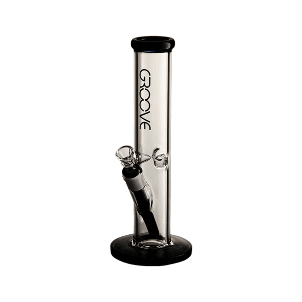 Front-facing view of the Groove Straight Tube Bong standing on a dark round base with a black-rimmed mouthpiece and visible downstem.