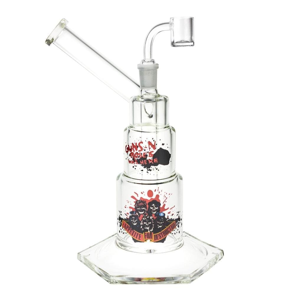 A studio shot of the Appetite For Destruction 10" Dab Rig, showing a clear glass rig with a unique angled design.