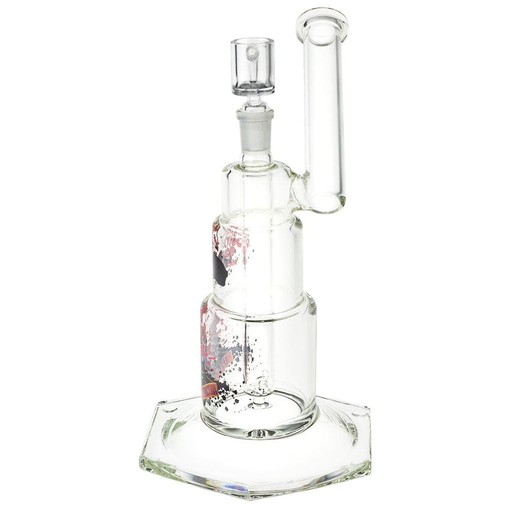 Front view of the Appetite For Destruction 10" Dab Rig, a clear glass rig with a geometric base and angled mouthpiece.