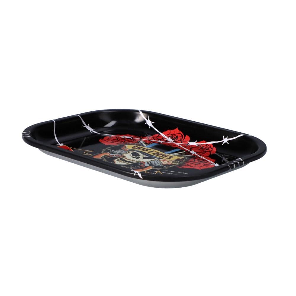 A high-angle view of the Barbed Wire Rolling Tray, displaying an illustrated design on a black surface.