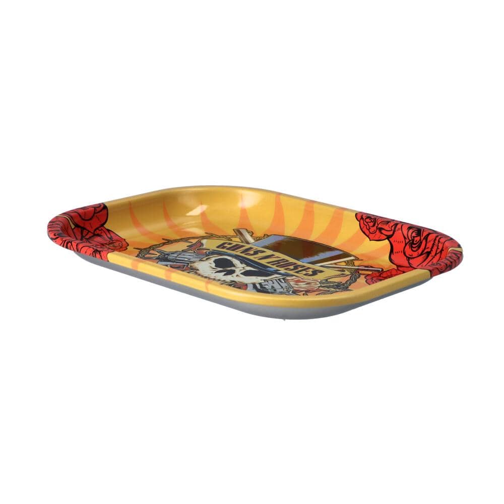 The Roses Rolling Tray is pictured from above, featuring a detailed floral design on a rectangular metal surface.