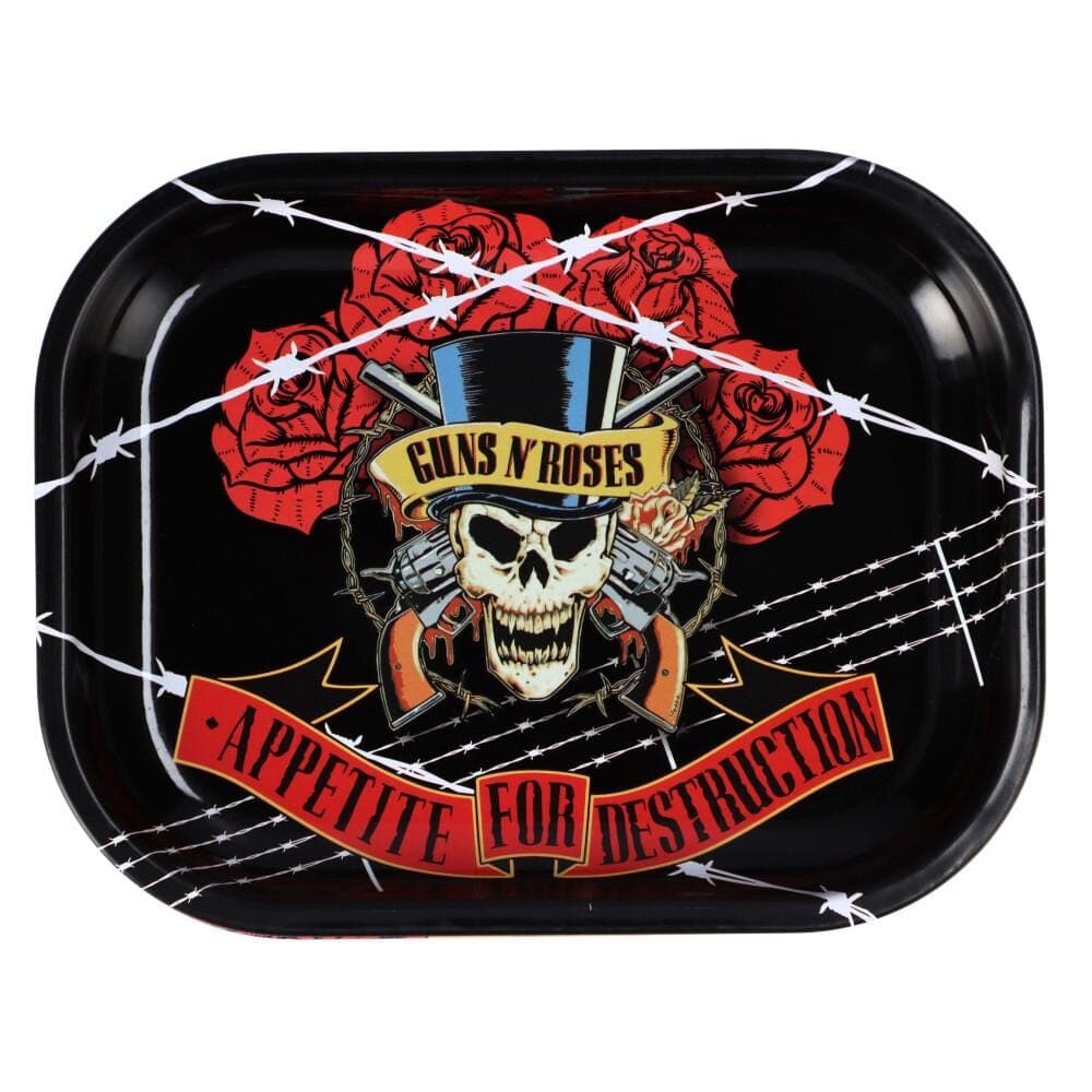 A top-down view of the Barbed Wire Rolling Tray featuring a black and white skull design surrounded by wire.