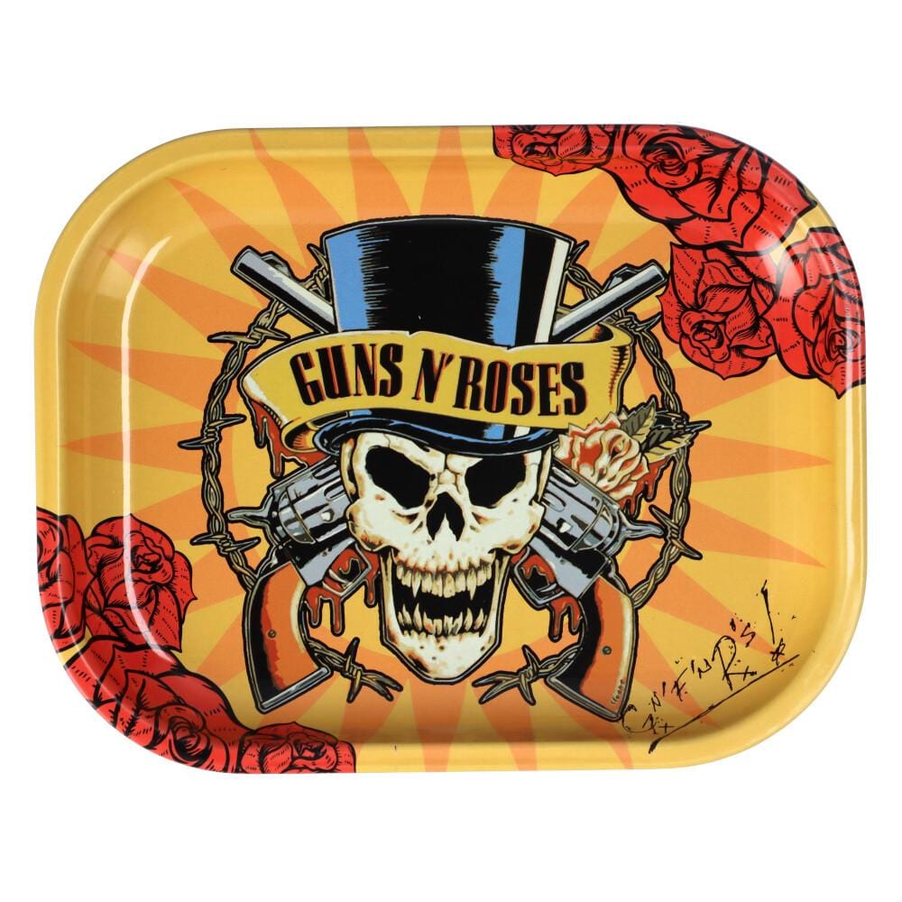 The Roses Rolling Tray displays a skull and roses design against a black background, viewed from a slightly overhead angle.