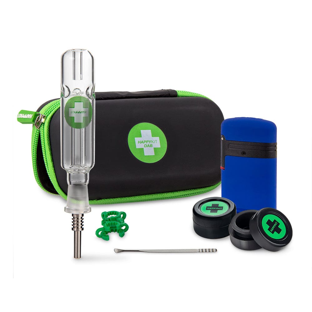 Front view of The Happy Dab Kit, showcasing a blue carrying case with a green accent and included accessories arranged on a white surface.