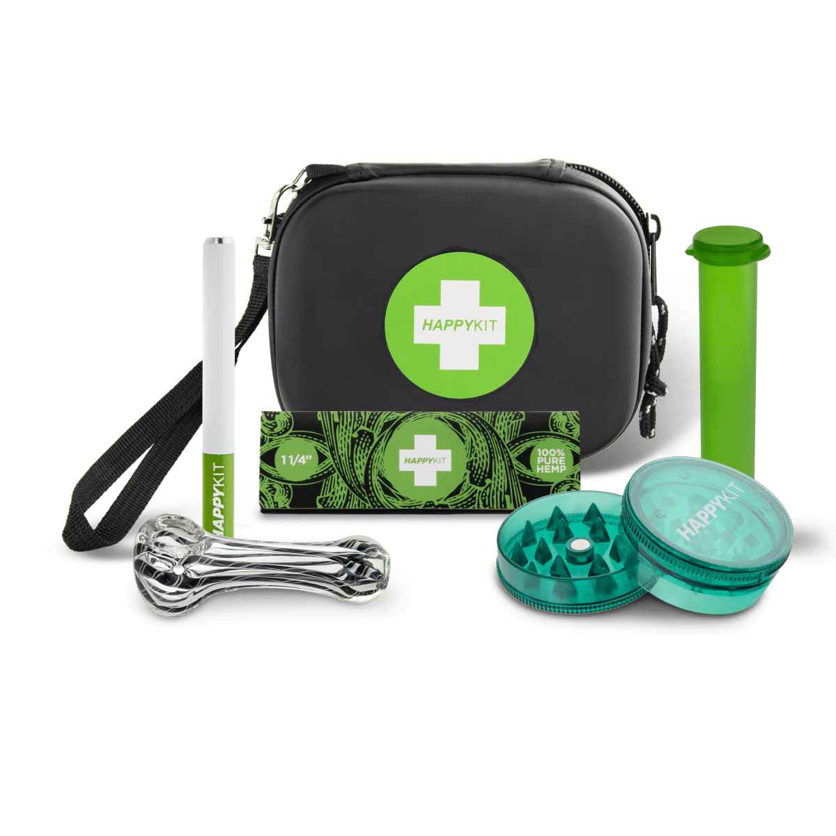 The Happy Kit is displayed as a vibrant, circular container with a branded logo against a clean white background.